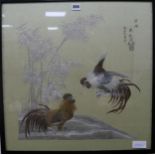 A Japanese embroidered silk picture of cockerels20.5 x 20.5in.
