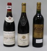 Three bottles of red wine, 1979 Vohnay Taillepieds, Premier cru, 2001 Chateau Batailley, Pauillac,