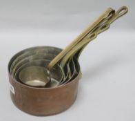 A set of graduated copper saucepans