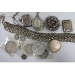 Two Victorian silver vesta cases and sundry other jewellery and coins.