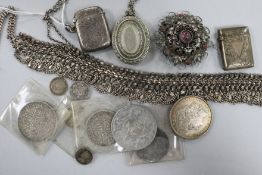 Two Victorian silver vesta cases and sundry other jewellery and coins.