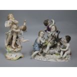 A Thuringian porcelain group of four bacchanal with goat and a Volkstedt group of two putti, each on