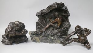 A bronze figure of a miner and two Japanese bronze figures H 8cm-14.5cm