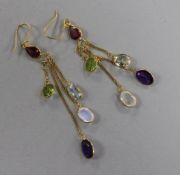 A modern pair of 14ct gold and multi gem set drop earrings, including, amethyst, garnet and peridot,