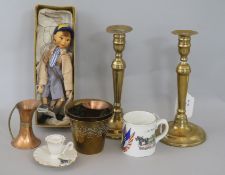 A pair of 18th century brass candlesticks and sundries, including an Aynsley 1919 'Peace' mug and