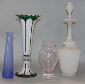 A Bohemian overlaid glass vase, white decanter, 2 other vases H.30cm