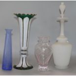 A Bohemian overlaid glass vase, white decanter, 2 other vases H.30cm