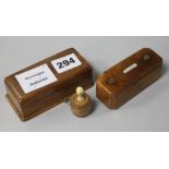 Two treen snuff boxes and a treen tape measure with Stanhope view of the Eiffel Tower (3)