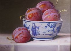 Raymond Campbelloil on boardPlums in a blue and white bowlsigned6 x 9in.
