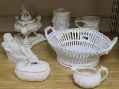 A creamware dish and ornate parianware basket H. 5.5cm- 15.5cm