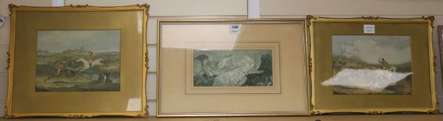 A pair of hunting prints and a Russell Flint print
