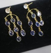 A modern pair of 14ct gold, sapphire and moonstone set drop earrings, 32mm.