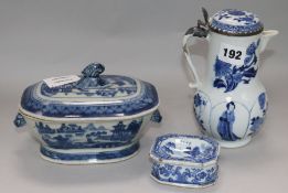 A Chinese blue and white lidded wine pot, with later silver mounts, a Chinese sauce tureen and cover