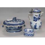A Chinese blue and white lidded wine pot, with later silver mounts, a Chinese sauce tureen and cover