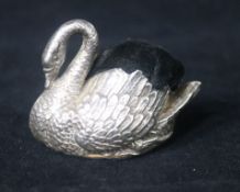An Edwardian novelty silver mounted pin cushion, modelled as a swan, Levi & Salaman, Birmingham,