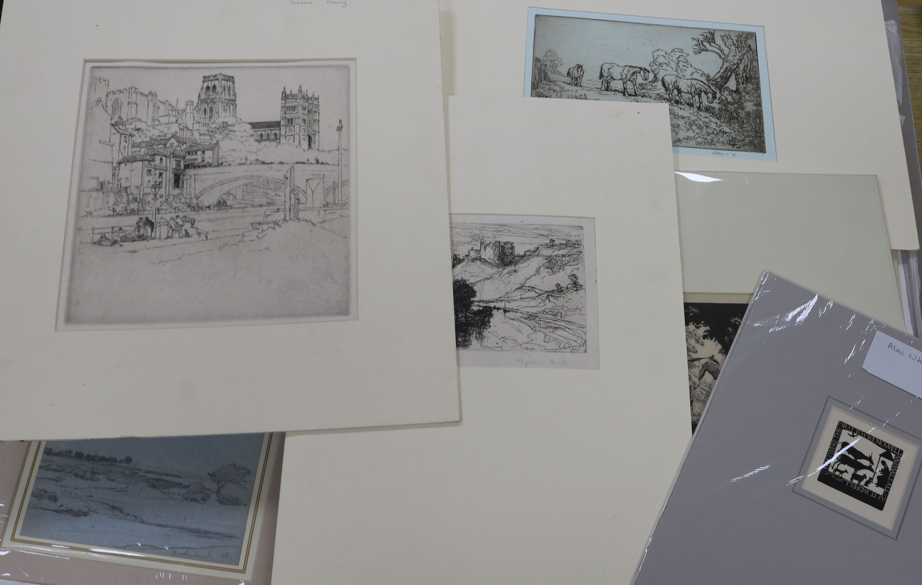 Folio of drawings and prints including etchings by Fred Richards, Seymour Hardy and Anton Lock and