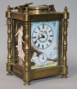 An enamel and brass carriage clock H.17cm