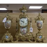 A Franz Hermle modern gilt metal and porcelain clock garniture, with Sevres style decoration and