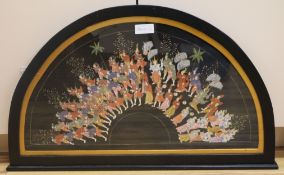 A Thai painted fan leaf, framed W.78.5cm