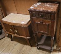 A French marble topped oak bedside cupboard and another low cupboard W.37cm, W 67cm