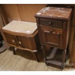 A French marble topped oak bedside cupboard and another low cupboard W.37cm, W 67cm