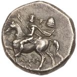 Calabria, Taras. Silver Nomos (5.92 g), ca. 240-228 BC. Xenokrates, magistrate. Dioskouros on