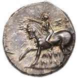 Calabria, Taras. Silver Nomos (6.64 g), ca. 272-240 BC. Sy… and Lykinos, magistrates. Youth on