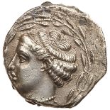 Bruttium, Terina. Silver Nomos (7.05 g), ca. 440-425 BC. Head of the nymph Terina left, hair bound