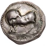 Lucania, Sybaris. Silver Nomos (7.81 g), ca. 550-510 BC. VM (=ΣY) in exergue, bull standing left,