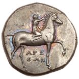 Calabria, Taras. Silver Nomos (7.81 g), ca. 302-280 BC. Sa…, Arethon, and Cas…, magistrates. Youth