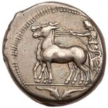 Sicily, Messana. Silver Tetradrachm (17.26 g), ca. 480/75-475/70 BC. The nymph Messana, holding