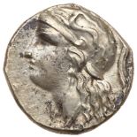 Calabria, Taras. Silver Drachm (3.15 g), ca. 280-272 BC. Helmeted head of Athena left; below, EY.