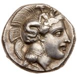 Lucania, Thourion. Silver Nomos (7.80 g), ca. 350-300 BC. Head of Athena right, wearing crested