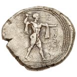 Lucania, Poseidonia. Silver Nomos (7.63 g), ca. 470-445 BC. ΠOMEIΔA, Poseidon advancing right,