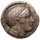 Lucania, Thourion. Silver Nomos (6.67 g), ca. 443-400 BC. Head of Athena right, wearing Attic helmet