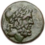 Bruttium, Hipponium (as Vibo Valentia). Æ as (10.42 g), ca. 193-150 BC. Laureate head of Zeus right;