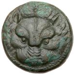 Bruttium, Rhegion. Æ (8.34 g), ca. 351-280 BC. Facing lion's mask with pointed ears. Reverse: