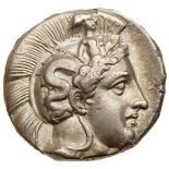 Lucania, Thourion. Silver Nomos (7.56 g), ca. 400-350 BC. Head of Athena right, wearing crested