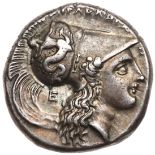 Lucania, Herakleia. Silver Nomos (7.80 g), ca. 281-278 BC. Aris, magistrate. |- HEPAKΛEIΩ-N, head of