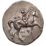 Calabria, Taras. Silver Nomos (6.47 g), ca. 280-272 BC. Zo…, Neyme…, and Poly…, magistrates. Nude