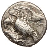 Bruttium, Lokris. Silver Nomos (7.83 g), ca. 300-280 BC. Eagle standing left, grasping dead hare