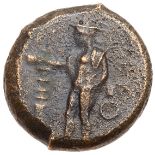 Lucania, Metapontion. Æ Obol (10.21 g), ca. 425-350 BC. Hermes standing left, holding patera and