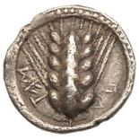 Lucania, Metapontion. Silver Triobol (1.19 g), ca. 470-440 BC. MET-A, ear of barley. Reverse: Incuse