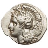 Calabria, Taras. Silver Diobol (1.11 g), ca. 380-325 BC. Head of Athena left, wearing crested