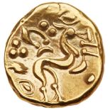 Northeast Gaul, Ambiani. Gold Stater (6.22 g), ca. 65 BC. Gallic War issue. Typeless bulge. Reverse: