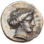 Bruttium, Terina. Silver Nomos (7.26 g), ca. 400-356 BC. TEPINAIΩN, Head of the nymph Terina