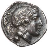 Lucania, Thourion. Silver Nomos (7.82 g), ca. 443-400 BC. Head of Athena right, wearing Attic helmet