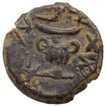 Judaea, The Jewish War. Æ Prutah (2.43 g), 66-70 CE. Irregular issue. Jerusalem, year 2 (67/8