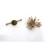 A 9 CARAT GOLD CULTURED PEARL AND SYNTHETIC RUBY ABSTRACT BROOCH 7.4g gross; and a bar brooch