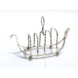 A NOVELTY EDWARDIAN SILVER TOAST RACK in the form of a gondola, makers mark indistinct, Birmingham